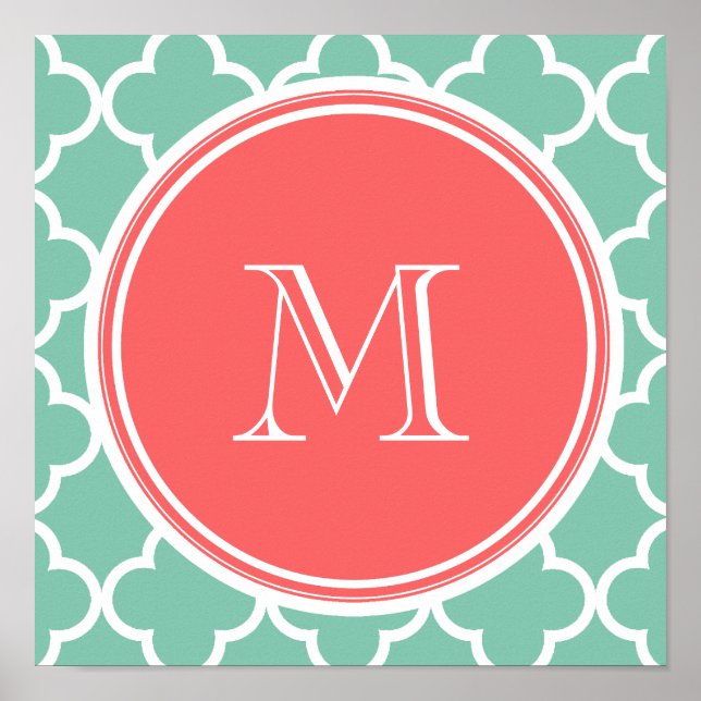 Poster Padrão de Quatrefoil Verde Mint, Monograma de Cora (Frente)