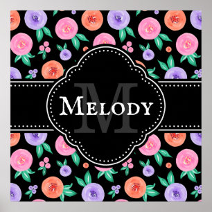 Poster Padrão de Rosa de Aquarela Rosa / Roxo em Preto