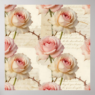 Poster Padrão de Rosa Rosa Pálido Vintage em Letra Cursiv