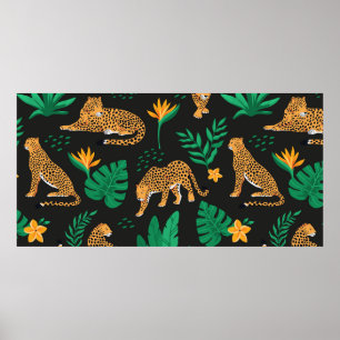 Poster Padrão de safra com leopardos e folhas tropicais
