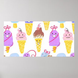Poster Padrão de Sorvetes Kawaii, Caractere Kawaii Ice C