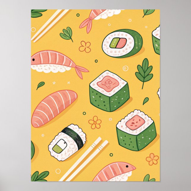 Poster Padrão de Sushi Sem Costura – Comida Japonesa Fofa (Frente)
