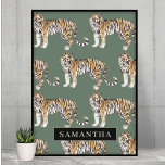 Poster Padrão De Tigres De Aquarela Verde Tropical Com No<br><div class="desc">Padrão De Tigres De Aquarela Verde Tropical Com Nome</div>