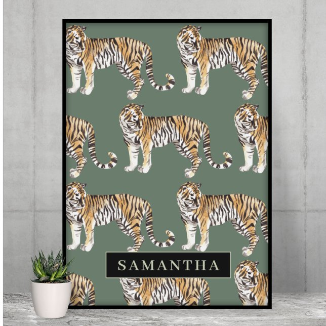 Poster Padrão De Tigres De Aquarela Verde Tropical Com No (Criador carregado)