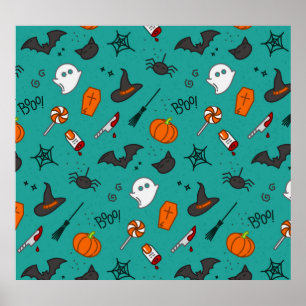 Poster Padrão de Turquesa de Halloween de estilo plano.
