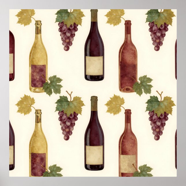 Poster Padrão de Videira em Garrafa de Vinho Antigo (Frente)