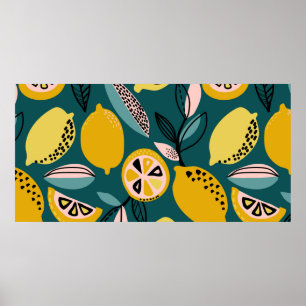 Poster Padrão de vindima sem costura com limões amarelo