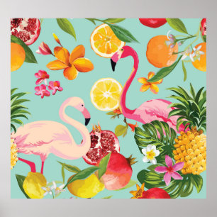 Poster Padrão de Vintage do Flamingo Fruta Tropical