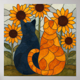 Poster Padrão de Vitral com Dois Gatos e Girassóis