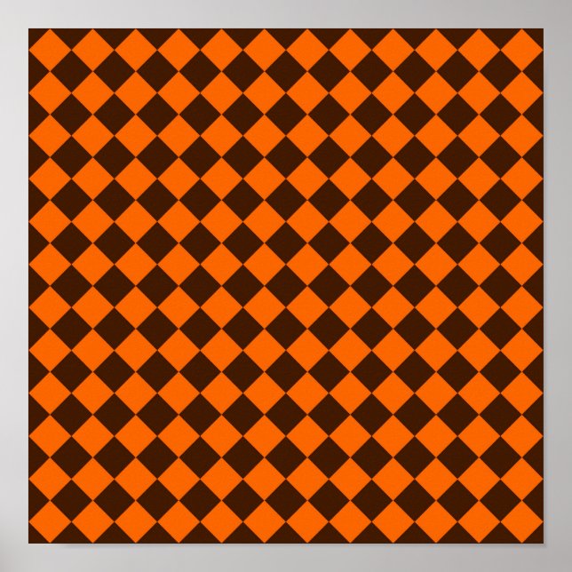 Poster Padrão de Xadrez de Diamante Laranja Marrom (Frente)