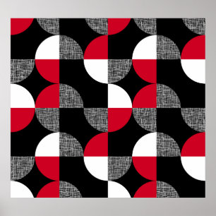 Poster Padrão de xadrez geométrico preto, vermelho e bran