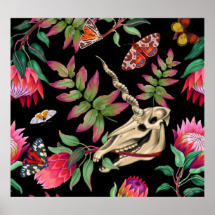 Poster Padrão Escuro do Unicórnio da Floresta Mágica.