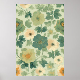 Poster Padrão Floral Amarelo e Verde Pastel Suave