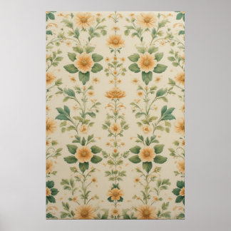 Poster Padrão Floral Amarelo Vintage Pastel