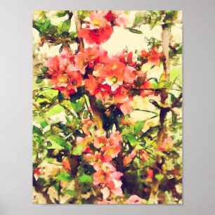 Póster Padrão Floral Aquarela Rosa Vermelho 1