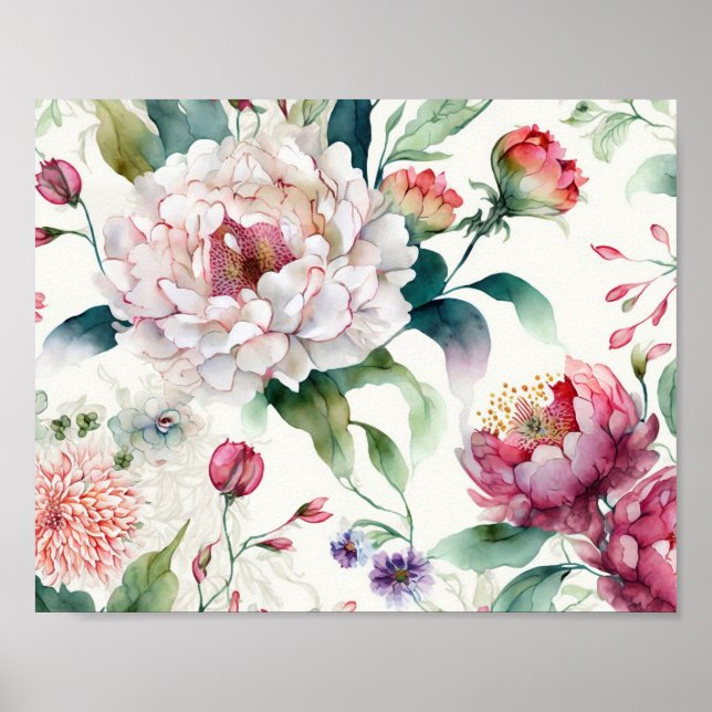 Poster Padrão floral asiático delicado e elegante de aqua (Frente)