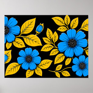 Poster Padrão Floral Azul com Folhas Douradas