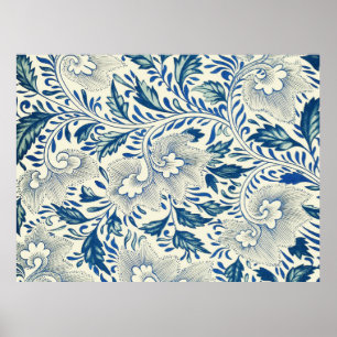 Póster Padrão Floral Azul Design Asiático Antiquado