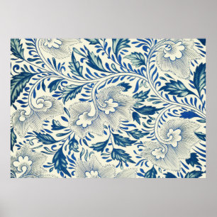 Póster Padrão Floral Azul Design Asiático Antiquado