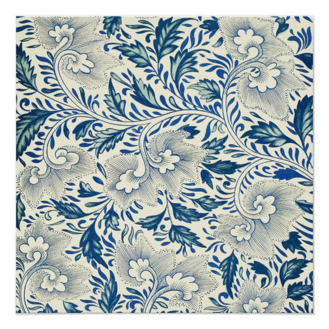 Póster Padrão Floral Azul Design Asiático Antiquado (Frente)