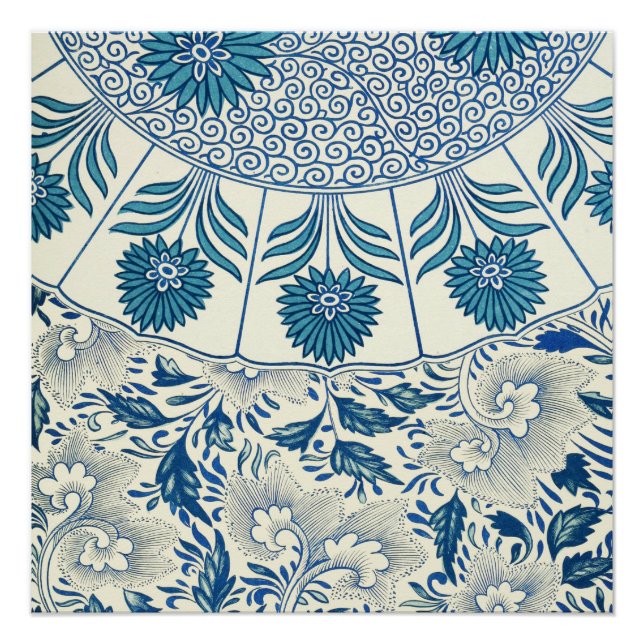 Póster Padrão Floral Azul Design Asiático Antiquado (Frente)