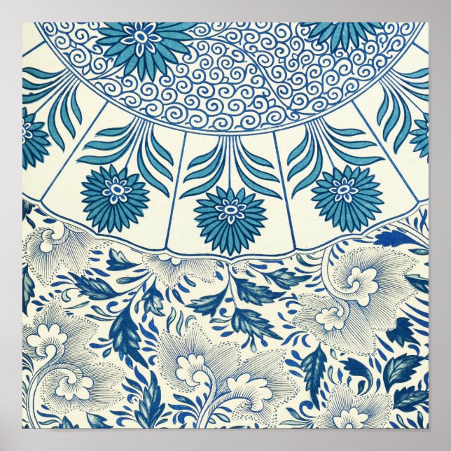 Póster Padrão Floral Azul Design Asiático Antiquado (Frente)