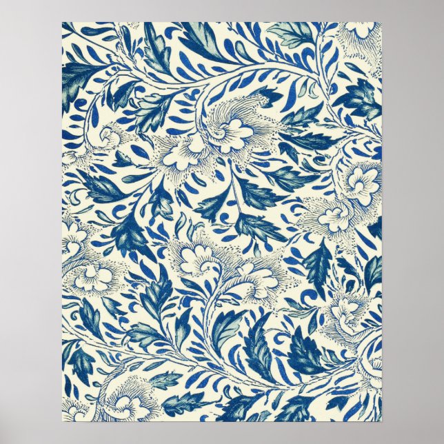 Póster Padrão Floral Azul Design Asiático Antiquado (Frente)