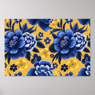 Poster Padrão Floral Azul e Amarelo em um fundo Amarelo