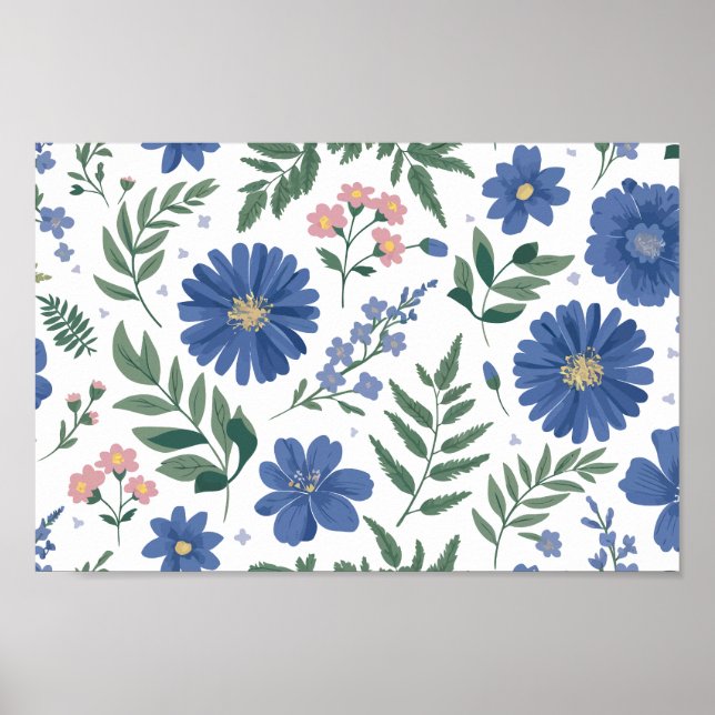 Poster Padrão Floral Azul Elegante com verde fresco (Frente)