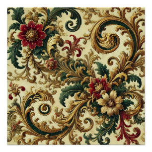 Póster Padrão Floral Barroco com Dourado, Vermelho, Verde