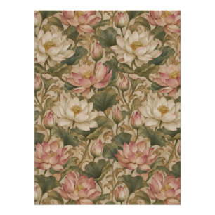 Póster Padrão Floral Botânico Lótus de Água Vintage