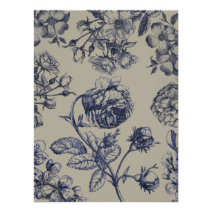 Póster Padrão Floral Botânico Toile Azul Vintage