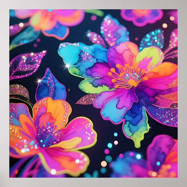 Poster Padrão Floral Brilho Neon (Frente)