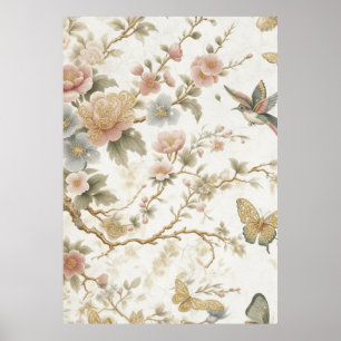 Poster Padrão Floral Chinês Vintage com Beija-flor