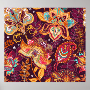 Poster Padrão Floral Colorido do Estilo Paisley