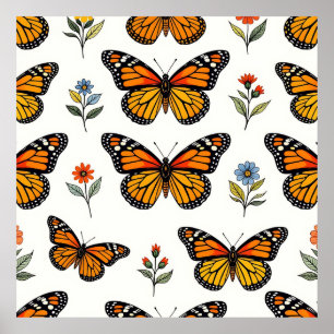 Poster Padrão Floral de Borboleta Monarca