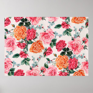 Poster padrão floral de cor d'água, vindima, flor,