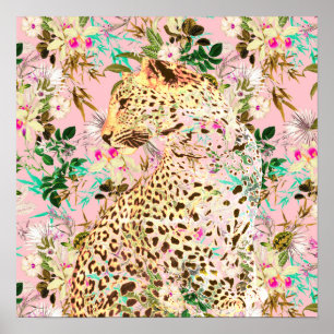 Poster Padrão floral de impressão-leopardo-tropical do Ha