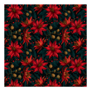 Póster Padrão Floral de Natal Vermelho Escuro