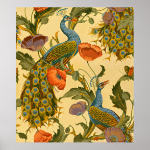 Poster Padrão Floral de Papoula com Pavão em Arte Nova An