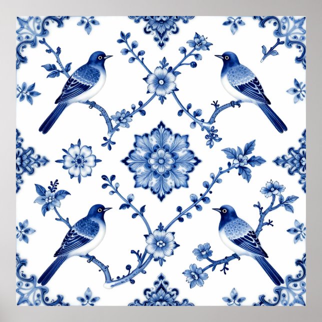 Poster Padrão Floral de Pássaro Chinoiserie Azul (Frente)