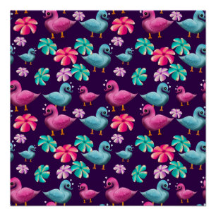 Póster Padrão Floral de Pato Fofo Kawaii Rosa Azul 