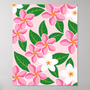Poster Padrão Floral de Plumeria Rosa e Branco