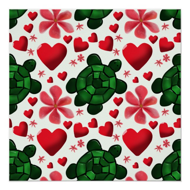 Póster Padrão Floral de Tartaruga Fofa | Flores Vermelhas (Frente)