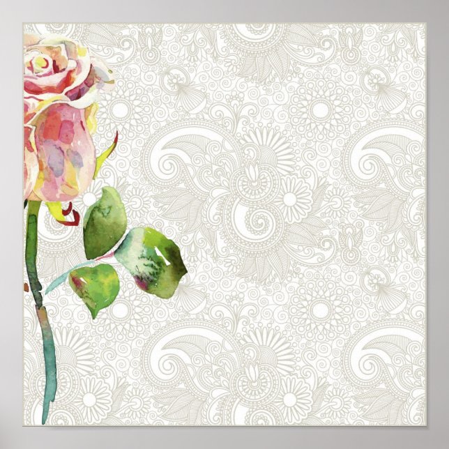 Poster Padrão Floral do ornamentado com Rosa de Aquarela  (Frente)
