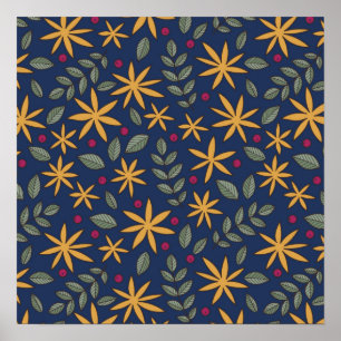 Poster Padrão Floral Dourado Desenho Botânico