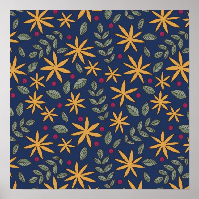 Poster Padrão Floral Dourado Desenho Botânico (Frente)
