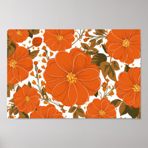 Poster Padrão Floral Laranja Vibrante com Folhas