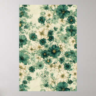 Poster Padrão Floral Romântico de Cor Verde e Branca