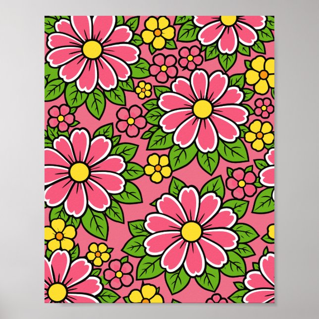 Poster Padrão Floral Rosa e Amarelo com Folhas Verdes (Frente)